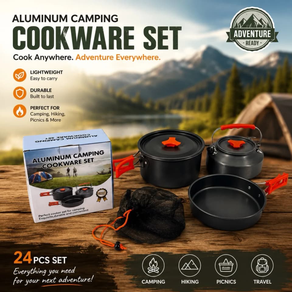 24-Piece Aluminum Camping Cookware Set with Portable Storage Bag