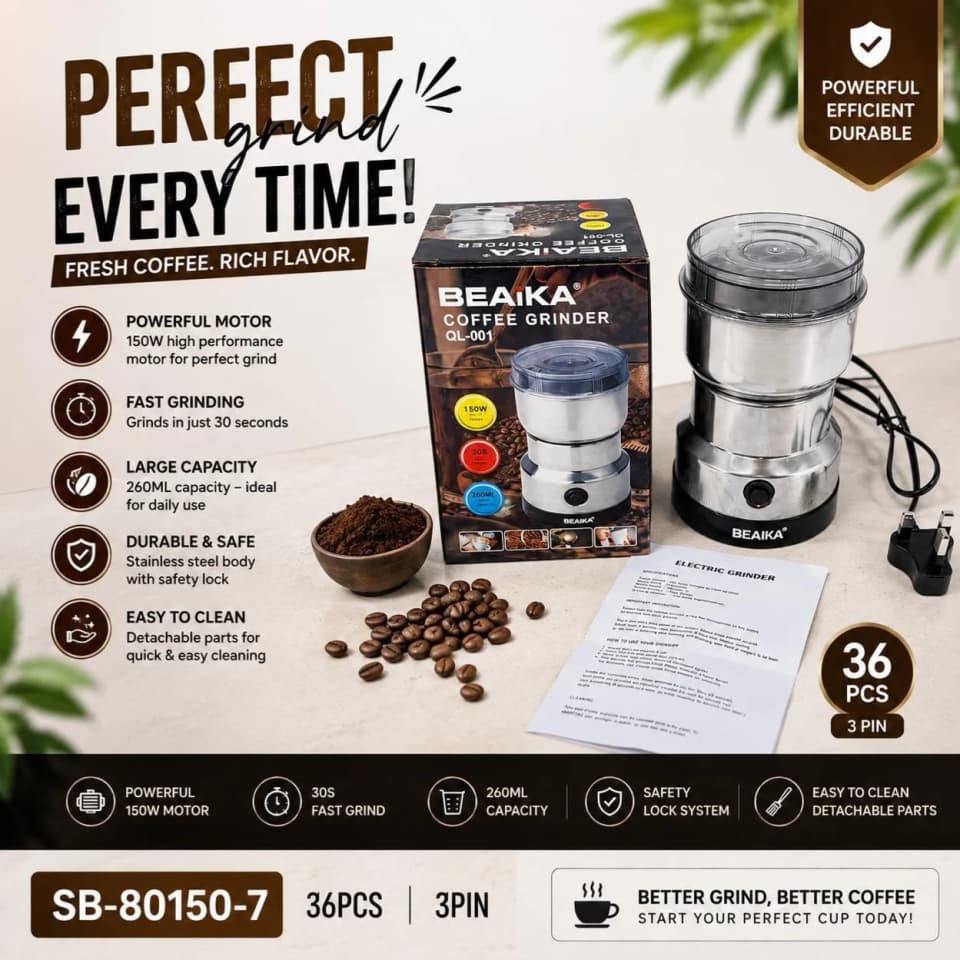 BEAIKA Electric Coffee Grinder 150W – 260ml Stainless Steel Grinder