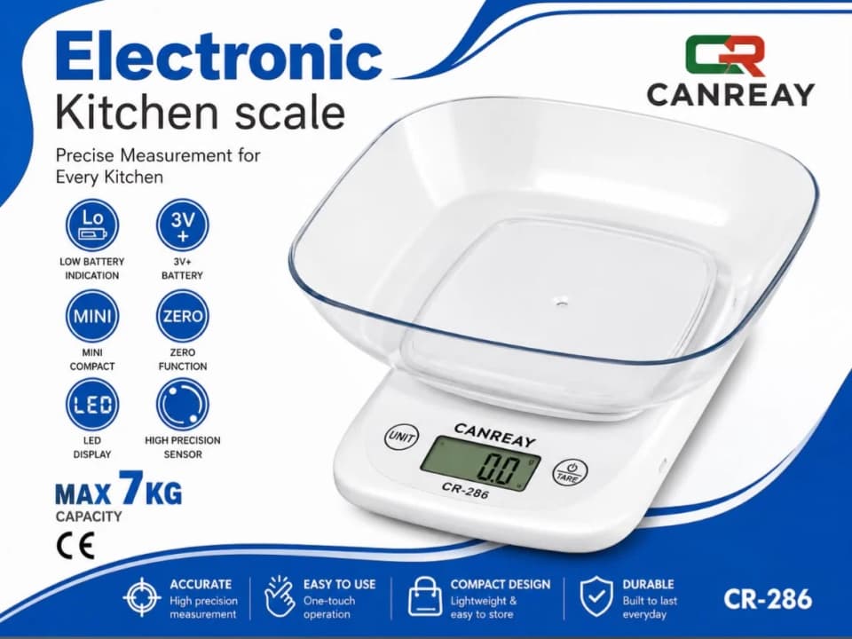 ميزان مطبخ رقمي CANREAY CR-286 مع وعاء شفاف – سعة 7 كجم