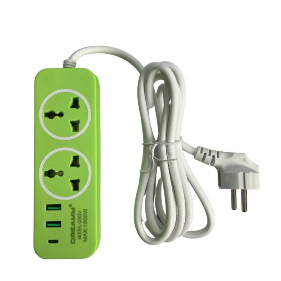 DREAMM Q002U Universal Power Strip with 2 Sockets, 2 USB Ports & Type-C – 2M Cable