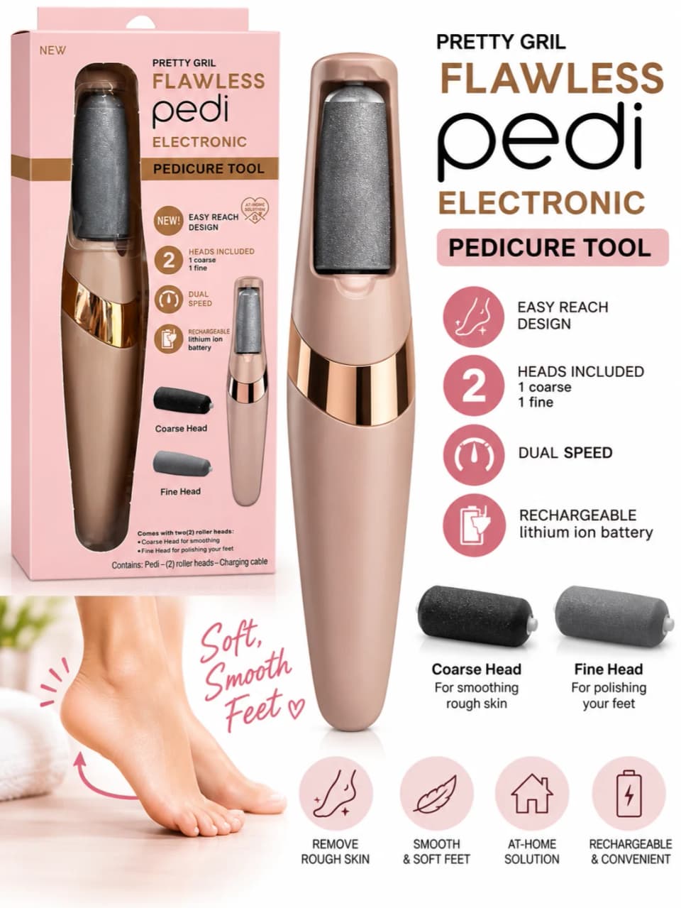 Pretty Gril Flawless Pedi Rechargeable Electronic Pedicure Tool with 2 Roller Heads