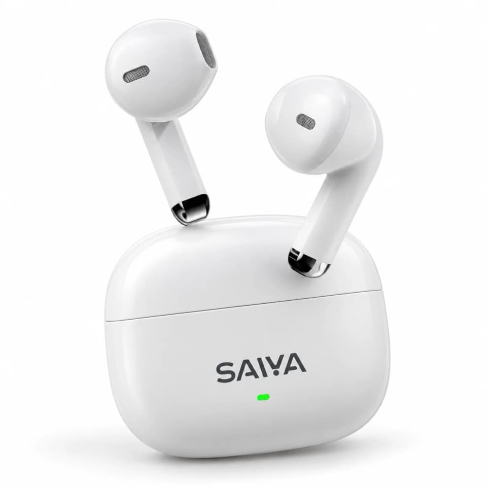 سماعات أذن لاسلكية SAIVA T10 بصوت جهير عميق وتحكم باللمس وبلوتوث 5.4 – أبيض