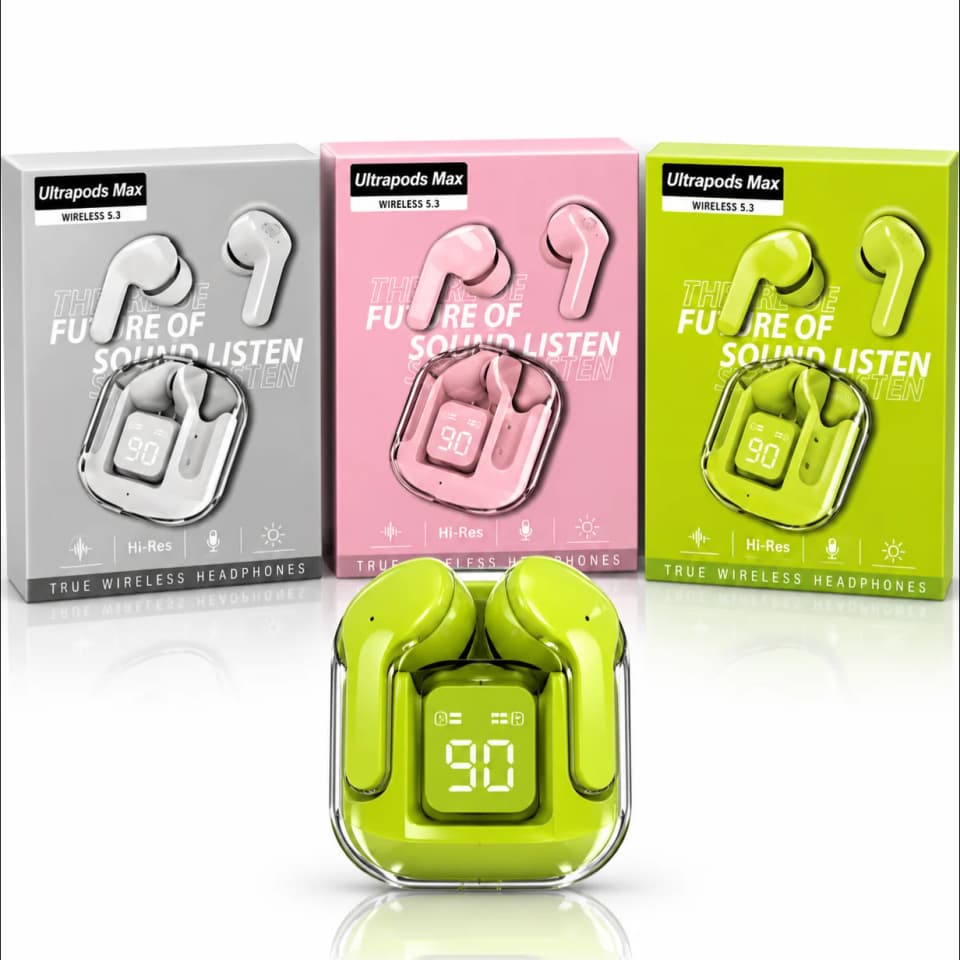 UltraPods Max TWS Wireless Bluetooth Earbuds with Digital Display Charging Case – Green